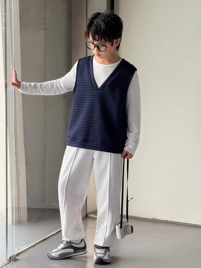 Mirajuku 3pcs/Set Boys' Casual Basic White T-Shirt, Sweatpants & Vest Set, Textured Fabric, Versatile Wear For Multiple Occasions