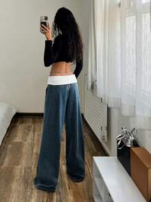 StreetHx 女士休闲水洗撞色腰带阔腿牛仔裤 - 藍色 - 查看 2