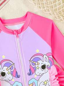 SHEIN Toddler Girl Island & Palm Tree Print Long Sleeve Zipper One-Piece Swimsuit, Cute Ruffle Raglan Sleeve Sun Protection Swimwear - Hot Pink - View 3