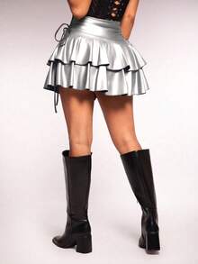 Radiana 女士性感休闲街头风弹力PU涂层面料抽绳腰带多层荷叶边迷你裙，适合日常穿着、音乐节、演唱会、狂欢派对、约会之夜、生日派对、单身派对、夜店、打造可爱休闲造型、购物、街头时尚、外出游玩，时尚百搭，修身显瘦。 - 銀色 - 查看 2