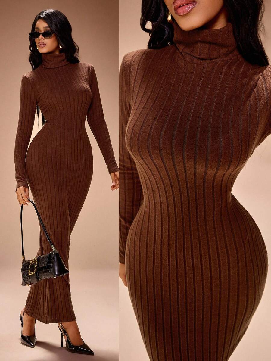 Radiana Vestido longo feminino sexy, minimalista e elegante, marrom café, com gola alta e textura canelada felpuda. Confeccionado em malha de alta elasticidade, modelagem que valoriza a silhueta. Estilo minimalista, confortável e versátil, ideal para passeios casuais, trabalho, festas e até mesmo para o Dia de Ação de Graças. - Castanho Café - Ver 1