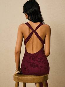 Poéselle 女士V领装饰纽扣优雅露背连衣裙 - 酒紅色 - 查看 8