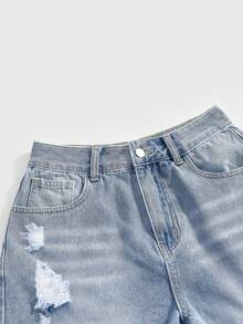 ROMWE 女士浅色水洗做旧牛仔短裤，复古风格毛边裤脚，时尚休闲夏季新款短裤，带3D立体花卉刺绣口袋 - 藍色 - 查看 3