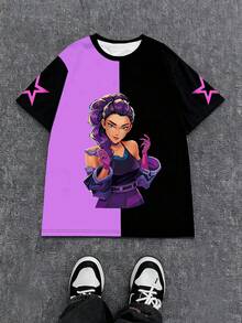 一件可爱酷炫的韩流女孩图案黑紫拼接短袖上衣，宽松版型，适合所有季节——春、夏、秋、冬，是送给年轻女孩的绝佳圣诞礼物。