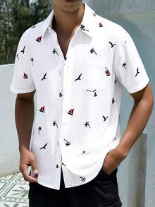 SHEIN Áo sơ mi ngắn tay màu trắng dành cho nam thiếu niên, in hình cây cọ nhiệt đới, thuyền và chấm bi, kiểu dáng giản dị, thoải mái, đa năng, phù hợp mặc hàng ngày, đi học, du lịch, lễ hội âm nhạc, tiệc tùng, kỳ nghỉ hè ở bãi biển. Áo sơ mi mùa hè, áo sơ mi in họa tiết nhiệt đới, áo sơ mi đi biển, áo sơ mi nam thường ngày. - trắng - Xem 5