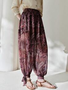 Frievida 波西米亚风腰果花印花雪纺灯笼裤，中腰常规长度长裤 - 彩色 - 查看 5