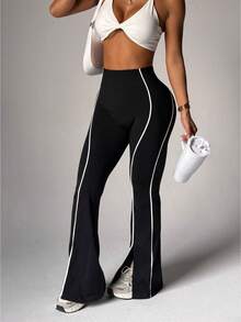 Dewbera Women's Seamless Contrast Trim Split Hem Sports Pants Boot Cut Yoga Pants Flare Yoga Pants Women Flare Leggings Flare Workout Pants Flared Leggings Black And White Work Out Pants - Black - View 5