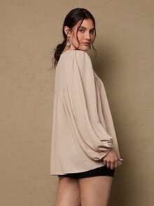 SHEIN VCAY Plus Size Women's Contrast Lace Lantern Sleeve Pleated Fashion Blouse Boho Valentines Lace - Khaki - View 6