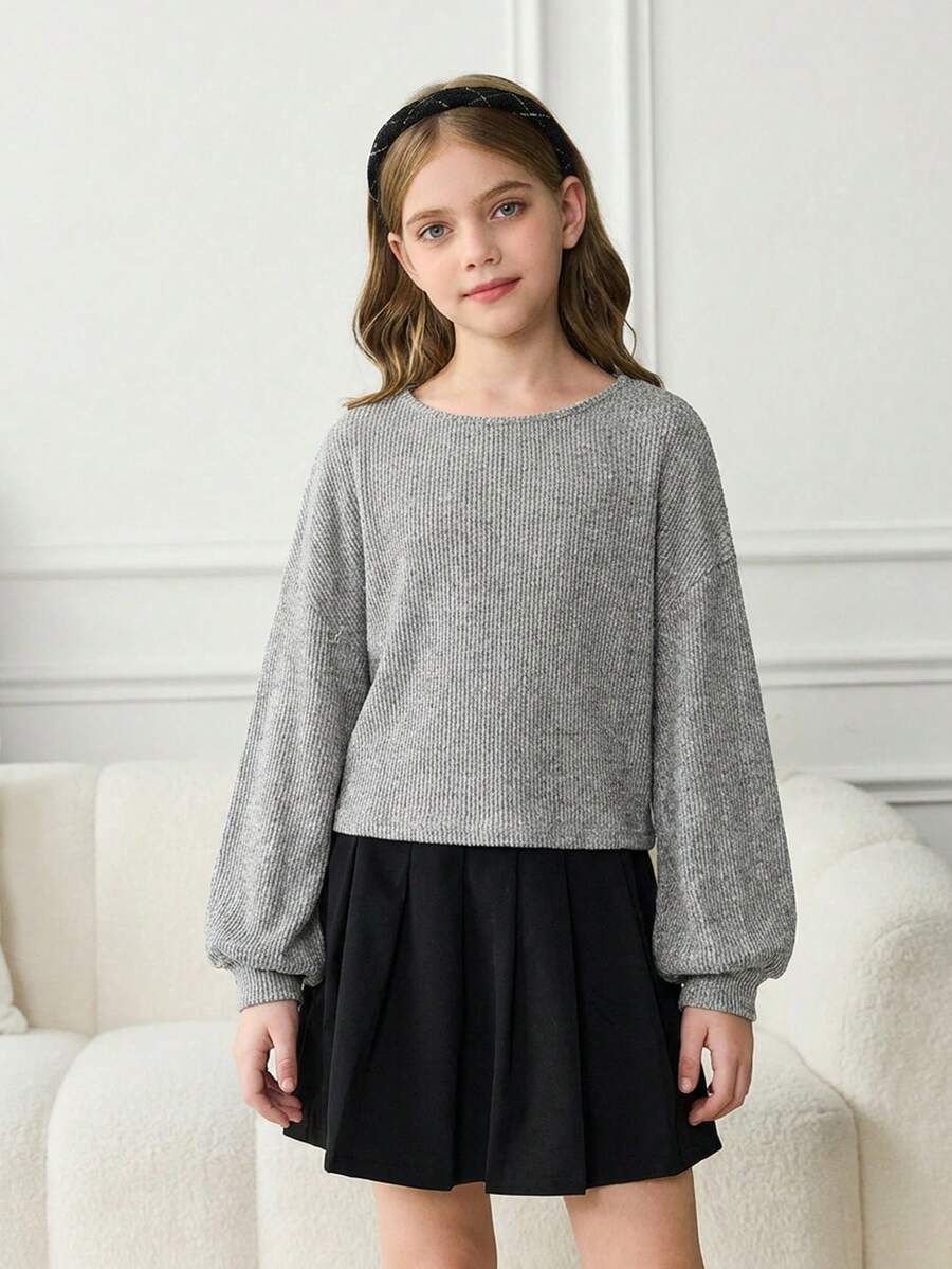 SHEIN Tween Girl Student Clothes, Lantern Sleeve Basic Style, Back To School, Opening Ceremony, Daily Wear, School, Travel, Sports, Winter - Light Grey - View 1