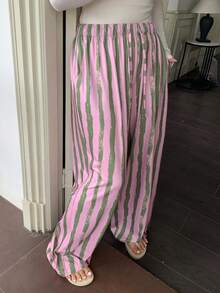 Dazy Plus 时尚弹力腰带抽绳宽松直筒条纹长款睡裤 - 粉色 - 查看 6