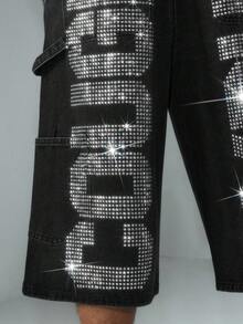 ROMWE MEN Street Life Men's Fashion Rhinestone Letter Denim Shorts - Black - View 2
