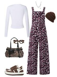 SHEIN 2 pièces/Set Pantalon à bavette imprimé léopard polyvalent et décontracté & T-shirt long blanc pour préadolescentes avec poche sur la poitrine et deux poches sur le pantalon, convient pour les sorties d'automne/hiver, les voyages, les achats, la marche - Multicolore - Voir 2