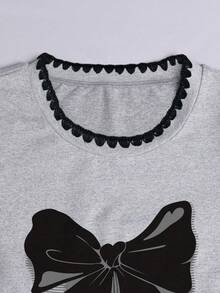 Resyla Women's Casual Graphic Tee, Summer New Design, Dog Tooth Embroidery, Bow Print, Grey, Outdoor Wear, Fitted Ruched Waist, Back To School, Teacher's Day, Versatile & Elegant, Women's T-Shirt - Grey - View 5