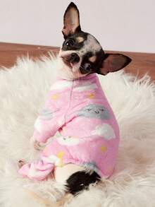 PETSIN 1pc Black And White Cloud Star Print Flannel Pet Jumpsuit Pink Casual Style Autumn And Winter Thick Warm Pet Clothing - Pink - View 8