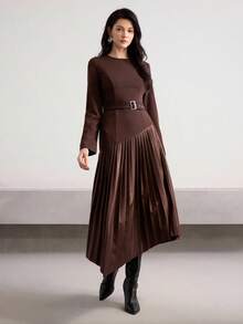 Heiryn Vestido plisado de patchwork que estiliza la cintura, al estilo coreano, para uso diario en otoño/invierno - Café integral - Ver 4