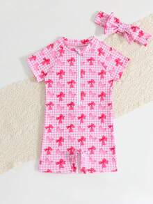 女婴可爱蝴蝶结印花发带和泳衣套装，弹性连体泳衣，适合夏季户外活动 - 粉色 - 查看 7