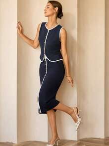 Lymera Women's Navy Blue And White Summer Elegent Office 2-Piece Set,Metal Button Contrast Trim Vest & Skirt Co-Ords For Party,Graduation & Work - Multicolor - View 3