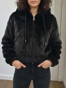 Chamarra de Peluche Corta para Mujer con Capucha, Cierre Completo y Ajuste Elástico, Abrigo Ligero de Invierno - Negro - Ver 6