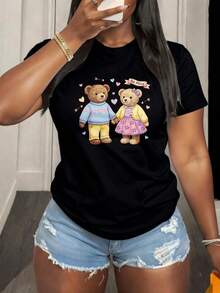 Camiseta de algodón para mujer con estampado de osos de peluche pareja y texto Be Mine para San Valentín - Negro - Ver 1