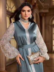 Al Najma Women's Floral Patchwork Mesh Lantern Sleeve V-Neck Elegant Arabic Dress - Multicolor - View 6