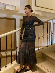 DAZY Women's Elegant Ruched Waist Sparkly Round Neck Long Sleeve Dress, Suitable For Parties And Events