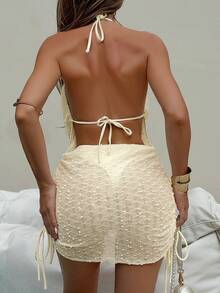 Swim SXY Bộ 2 đồ bơi liền thân gợi cảm cho nữ, váy bơi hở lưng, dây mảnh, cổ xếp nếp, buộc bên hông và quần bơi buộc bên hông, được thiết kế cho hoạt động bơi lội mùa hè - Màu be - Xem 2