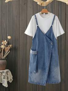 EMERY ROSE 女士休闲水洗牛仔裹身裙 - 藍色 - 查看 6