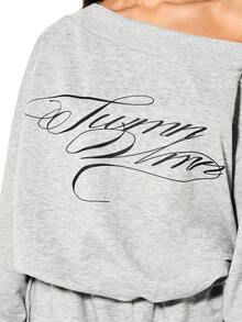 SUMWON WOMEN Off Shoulder Oversized Sweatshirt With Script Text Print Long Sleeve Casual Pullover Top For Fall Winter Comfort - Grey - View 5