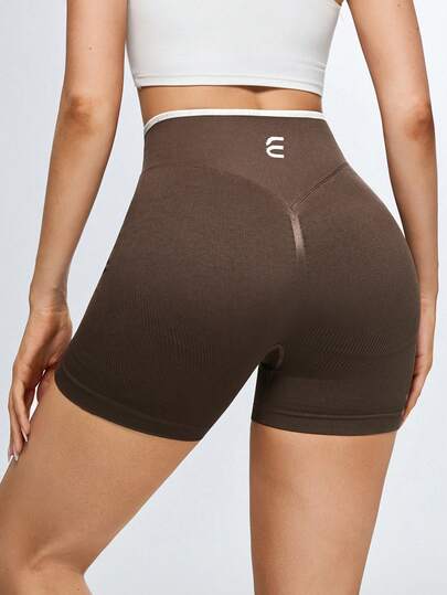 Eassivo Eassivo Women's Mocha High Waist Seamless Biker Shorts,Ribbed Stretch, Contrast Waistband,Athleisure Yoga Shorts, Brown High Waist Sports Shorts,Brown Workout Shorts