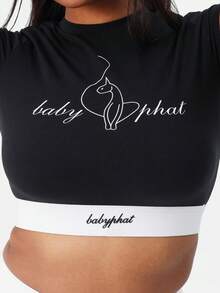 Logo Crop Top With White Contrast Band Trim Short Sleeve Crew Neck Casual Lounge Wear - Black - View 5