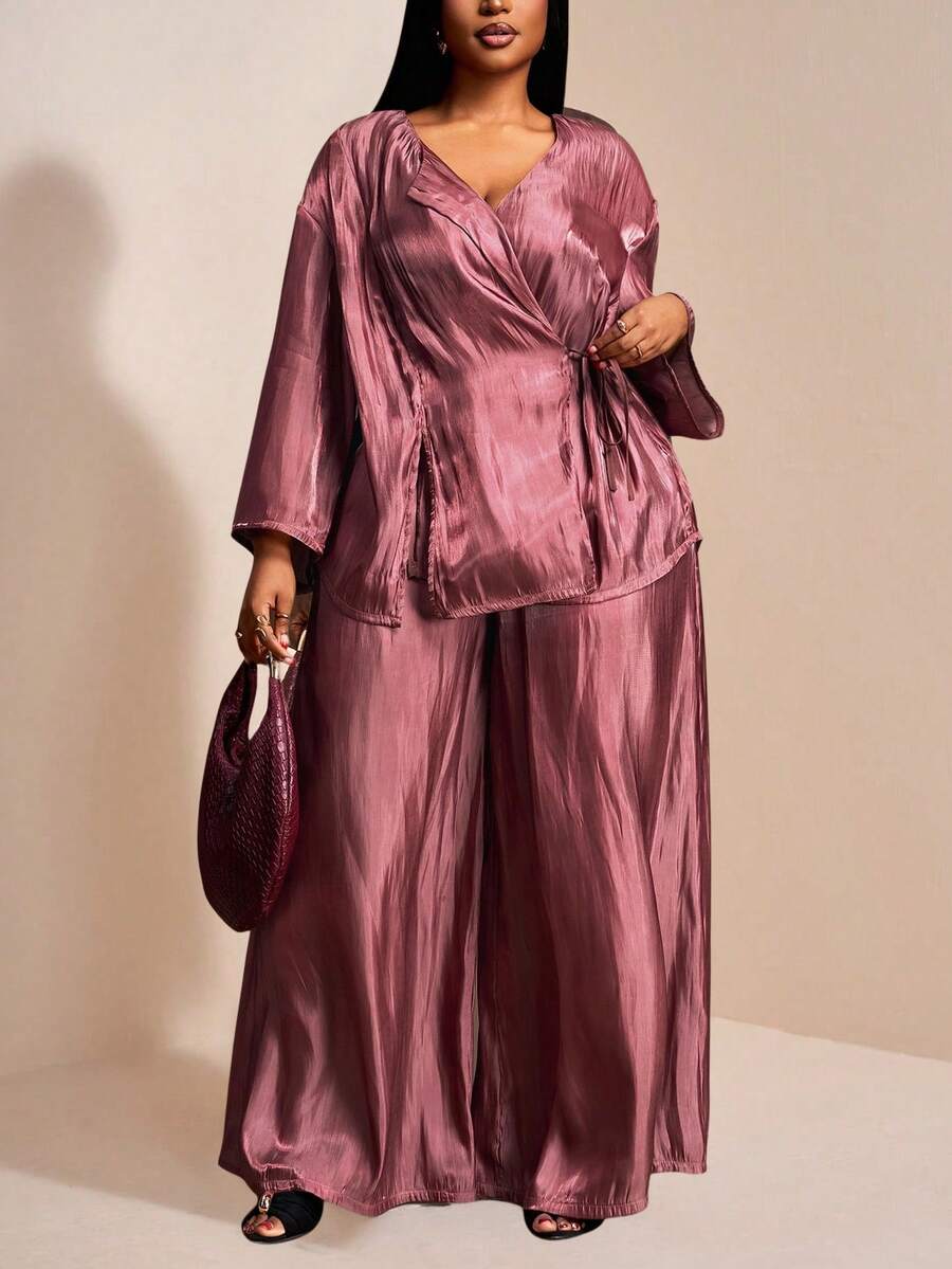 Veslaya Rosa Empoeirado, Outono, Elegante, Conjunto de Top de Manga Longa com Amarração e Calça Pantalona para Mulheres Plus Size, Conjunto de Calça Casual Solta Combinando - Marrom - Visão 1