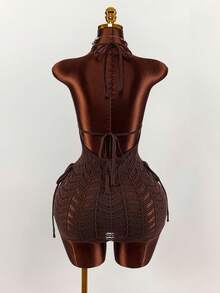 Amplova Women's Crochet Beaded Dress, Sexy And Avant-Garde, Suitable For Vacation Outfit, Sexy Hollow Boho Style - Brown - View 9