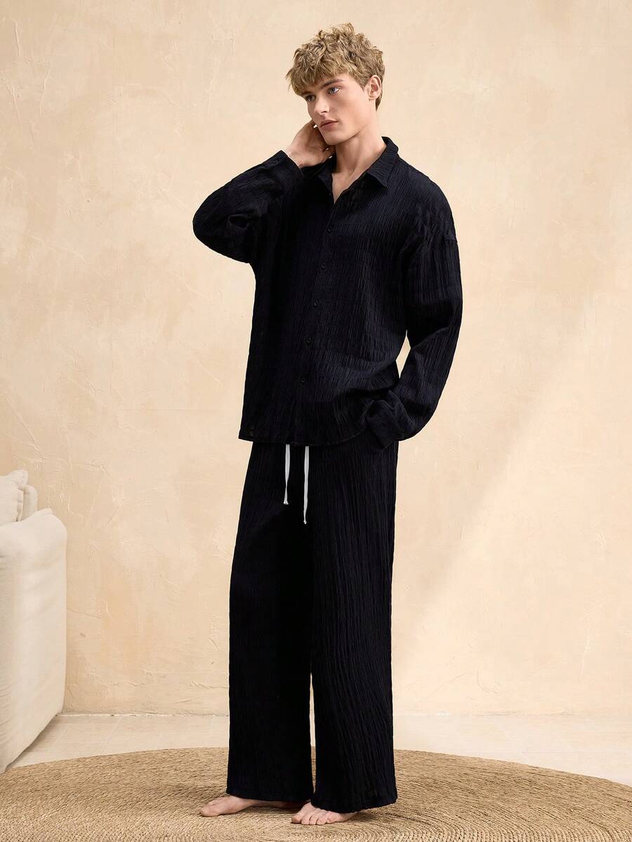 EverLounge Conjunto de pijama de pantalón y parte superior con cuello elegante y cómodo para hombres, ropa de estar en casa de otoño - Negro - Ver 1