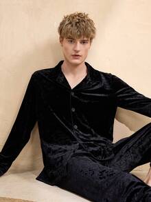 EverLounge Men's Velvet Collar Pajama Set With Double Pants, Elastic Waist, Thickened, No Pockets - Black - View 5