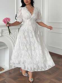 Vibekara 大码深V领短泡泡袖花卉蕾丝装饰玫瑰纹理镂空优雅简约复古宫廷风格鸡尾酒会婚礼宾客伴娘礼服 - 白色 - 查看 4