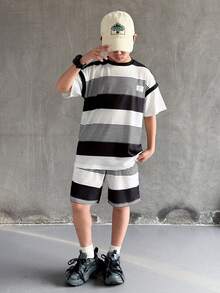 Mirajuku 2pcs/Set Boys' Black And White Striped Contrast Sleeve Round Neck T-Shirt Set,Autumn Casual City Break Outfit For Daily,Commute,School,And Sports Wear - Multicolor - View 3