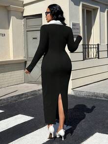 Calvaya Damen Kleid in Große Größen mit Knopfleiste und Kontrastfarben Schwarz & Weiß, Lässig - Schwarz - Übersicht 2