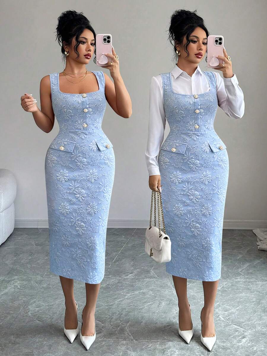 Elenzga New Design Elegant Blue Textured Jacquard Shiny Fabric Square Neck Pearl Button Waist Slimming Slit Hem Maxi Dress, Fashionable Spring/Summer Versatile Dress For Daily, Date, Holiday - Baby Blue - View 1