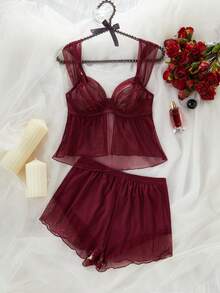 SHEIN 女士网纱钢圈薄杯性感内衣套装 - 酒紅色 - 查看 3