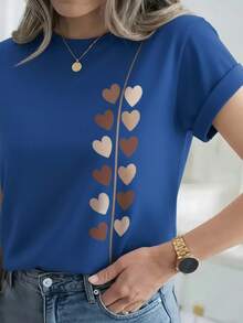 Mujer casual camiseta estampado gráfico love corazón amor día san valentín cerezas cereza enamorados pareja linda tierna cute rayas rayones dibujo letras creativo ajuste regular cuello redondo manga corta primavera erano uso diario comoda fresca ligera - Azul Marino - Ver 3