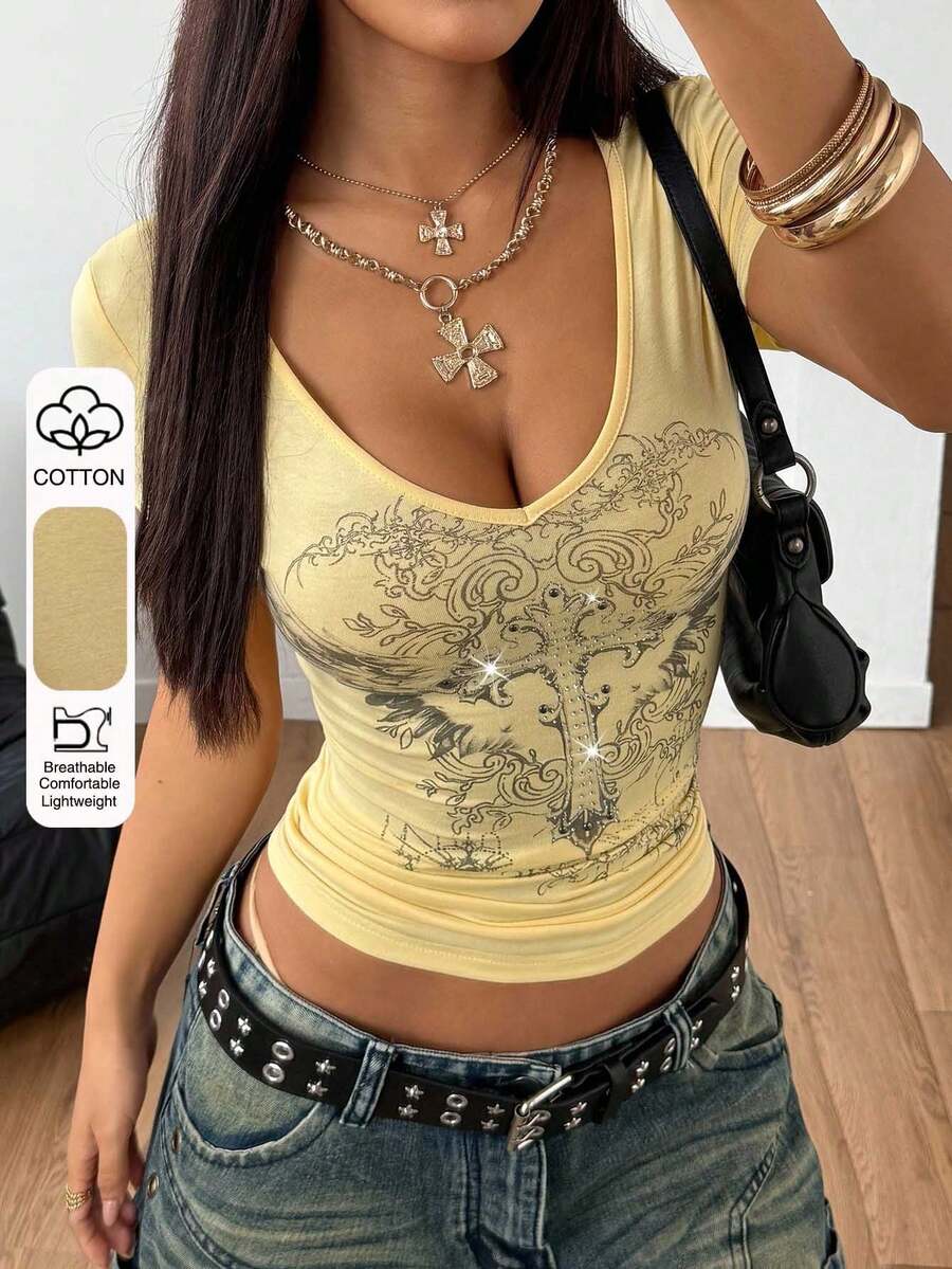 StreetHx Women's Gothic Floral Print Rhinestone V-Neck Short Sleeve Bodycon Street T-Shirt, Punk Style V-Neck Retro T-Shirt - Light Yellow - View 1