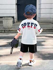 SHEIN 2pcs/Set Baby Boy Cute Casual Korean Style Summer Knit Letter Graphic Short Sleeve Top And Elastic Waist Shorts Set - Multicolor - View 9