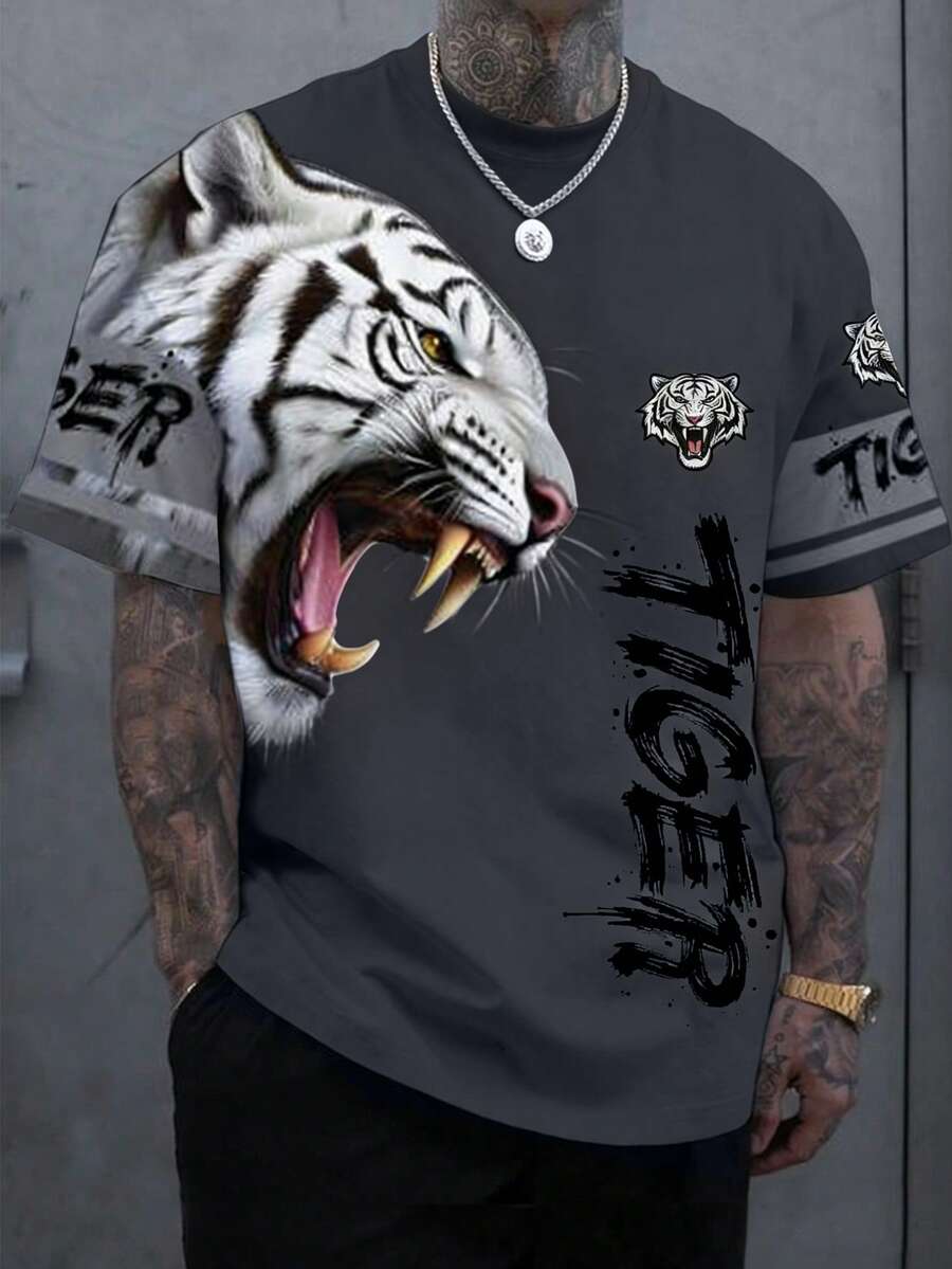 Manfinity LEGND Camiseta de cuello redondo para hombre, camiseta de manga corta con estampado de dibujos animados de moda, camiseta gráfica de verano para hombre - Multicolor - Ver 1