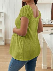 SHEIN Pregnant Women's Summer Solid Color Square Neck Raglan Sleeve Textured Jacquard Ruched T-Shirt - Green - View 2