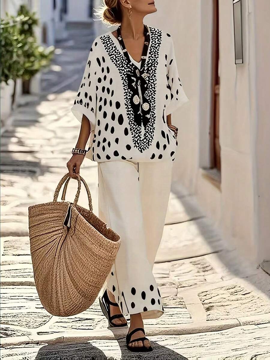 EMERY ROSE 波点印花V领上衣和阔腿直筒裤两件套，女士休闲度假装