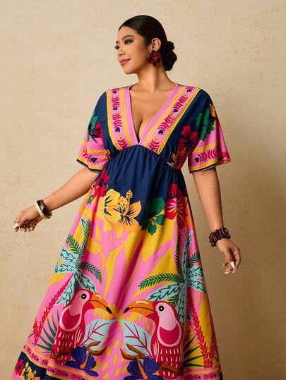 Travachic 大码女式热带植物印花度假连衣裙 鹦鹉印花连衣裙 V领短袖宽松连衣裙