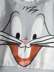 LOONEY TUNES X SHEIN Baby Boy Casual Everyday Commute Cute Cartoon Rabbit Print Crew Neck Sweatshirt And Sweatpants Sports Suit, Suitable For Spring, Autumn And Winter - Grey - View 4