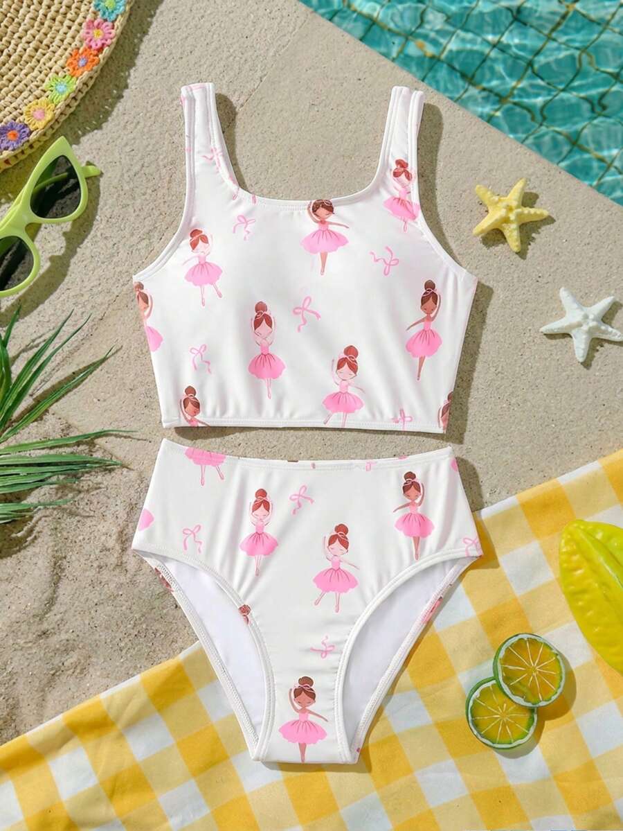 SHEIN Tween Girl Cartoon Ballerina Print Casual Swimwear Set - Multicolor - View 1