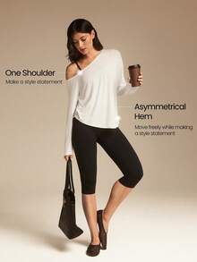 GLOWMODE TENCEL™ 莫代尔轻盈丝滑不对称露肩长袖运动上衣，适合低强度瑜伽、普拉提、健身房、日常休闲穿着。 - 白色 - 查看 3