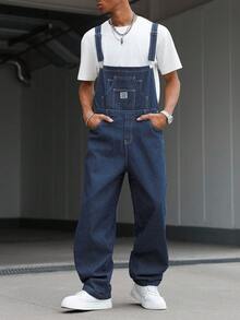 Manfinity Hypemode 男士休闲街头风多口袋胸部护具条纹蓝色牛仔背带裤 - 深色水洗藍 - 查看 6